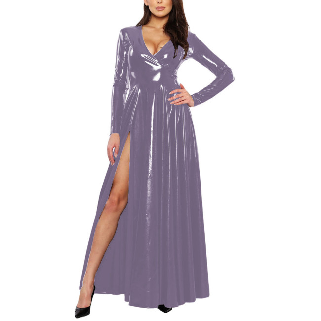 Elegant Women's Side Slit Long Dress Sexy Deep V-long Sleeved Vestido Shiny Patent Latex Uniforms Evening Banquet Venue Gown