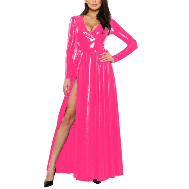 Elegant Women's Side Slit Long Dress Sexy Deep V-long Sleeved Vestido Shiny Patent Latex Uniforms Evening Banquet Venue Gown