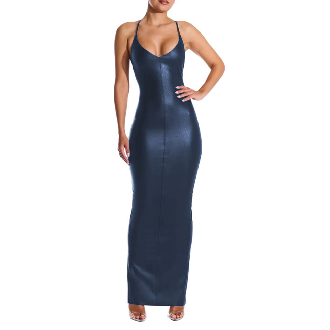 Sexy V-neck PU Leather Skinny Long Dress Women Sleeveless Cross Backless Bodycon Pencil Dress Female Elegant Club Party Vestidos