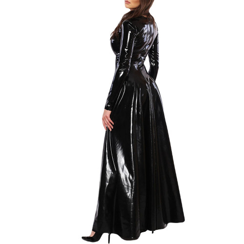 Elegant Women's Side Slit Long Dress Sexy Deep V-long Sleeved Vestido Shiny Patent Latex Uniforms Evening Banquet Venue Gown