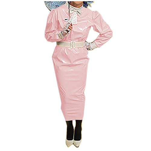 Sissy Glossy PVC Leather Ankle Length Hobble Dress Gothic Long Puff Sleeve Bodycon Pencil Dress Mens Wet Look Night Club Outfits