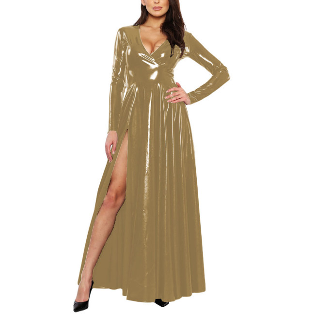 Elegant Women's Side Slit Long Dress Sexy Deep V-long Sleeved Vestido Shiny Patent Latex Uniforms Evening Banquet Venue Gown