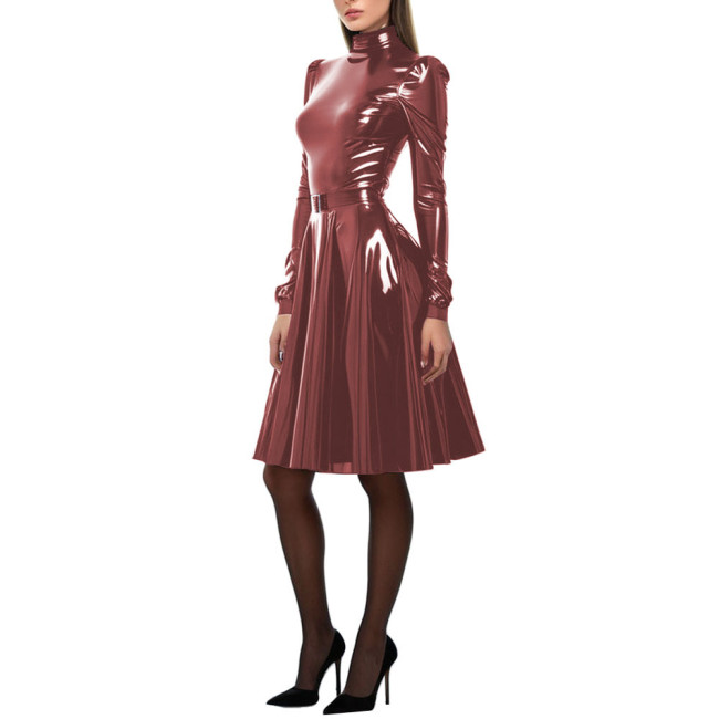 Women Patent Leather A-Line Dress Long Puff Sleeve PVC Leather Costume High Neck Party Long Dress Slim Fit Vestido Female