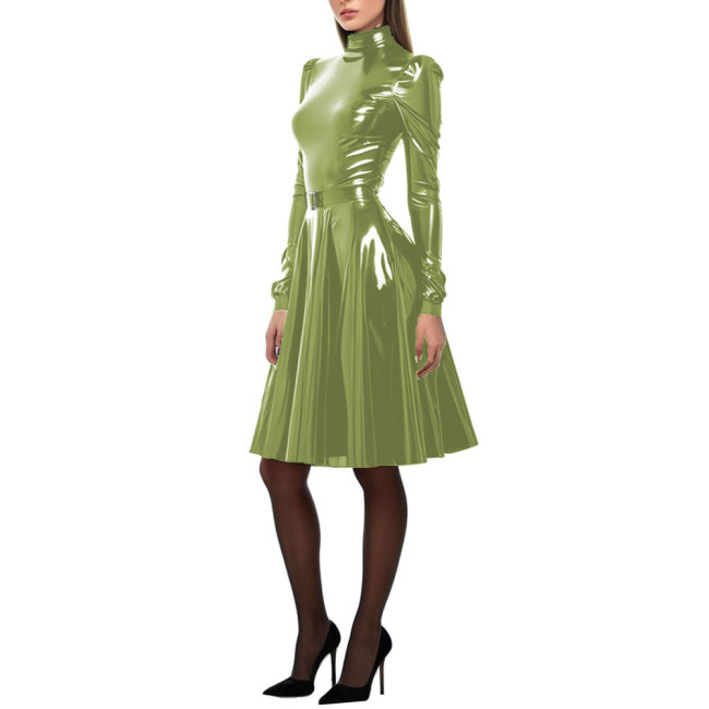 Women Patent Leather A-Line Dress Long Puff Sleeve PVC Leather Costume High Neck Party Long Dress Slim Fit Vestido Female