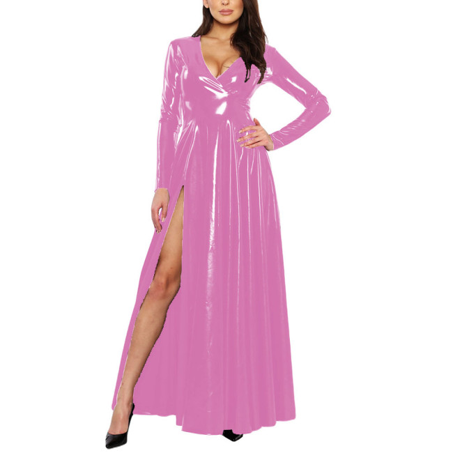 Elegant Women's Side Slit Long Dress Sexy Deep V-long Sleeved Vestido Shiny Patent Latex Uniforms Evening Banquet Venue Gown