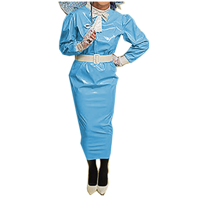 Sissy Glossy PVC Leather Ankle Length Hobble Dress Gothic Long Puff Sleeve Bodycon Pencil Dress Mens Wet Look Night Club Outfits
