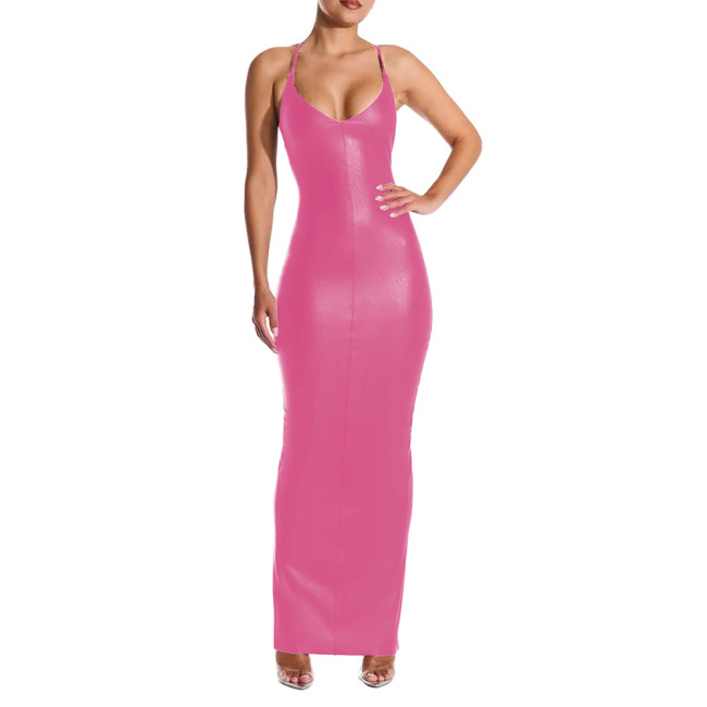 Sexy V-neck PU Leather Skinny Long Dress Women Sleeveless Cross Backless Bodycon Pencil Dress Female Elegant Club Party Vestidos