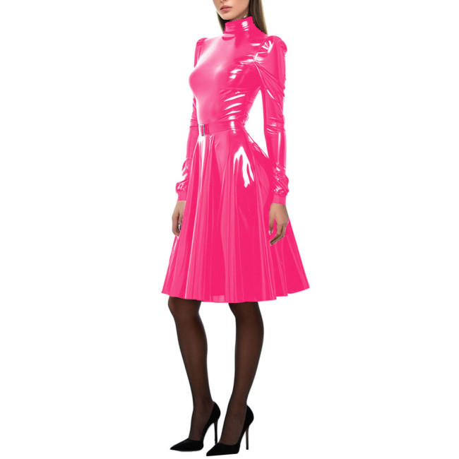 Women Patent Leather A-Line Dress Long Puff Sleeve PVC Leather Costume High Neck Party Long Dress Slim Fit Vestido Female