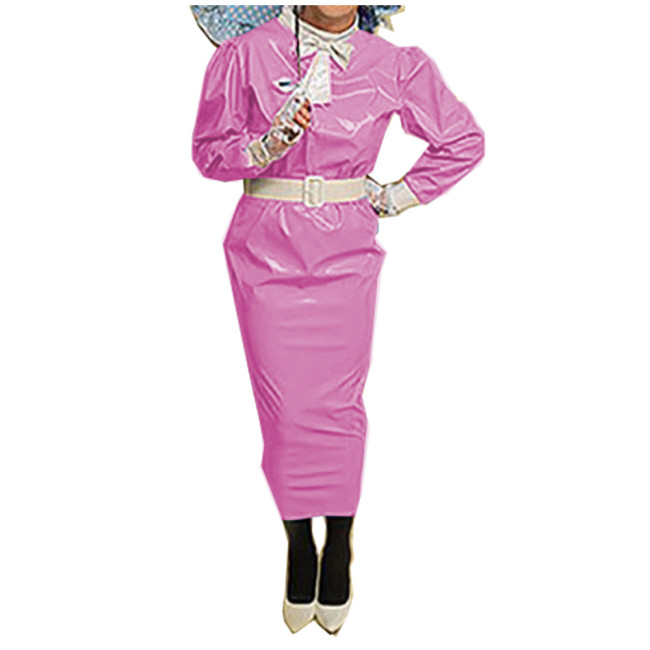Sissy Glossy PVC Leather Ankle Length Hobble Dress Gothic Long Puff Sleeve Bodycon Pencil Dress Mens Wet Look Night Club Outfits