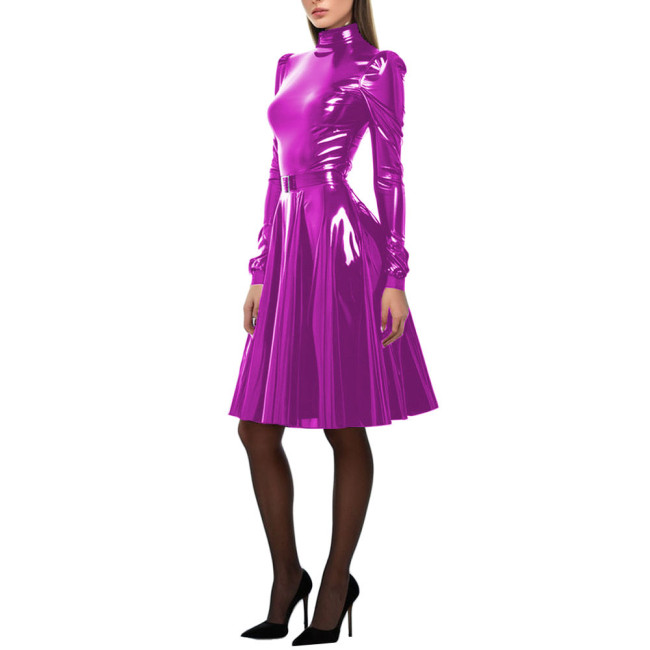 Women Patent Leather A-Line Dress Long Puff Sleeve PVC Leather Costume High Neck Party Long Dress Slim Fit Vestido Female