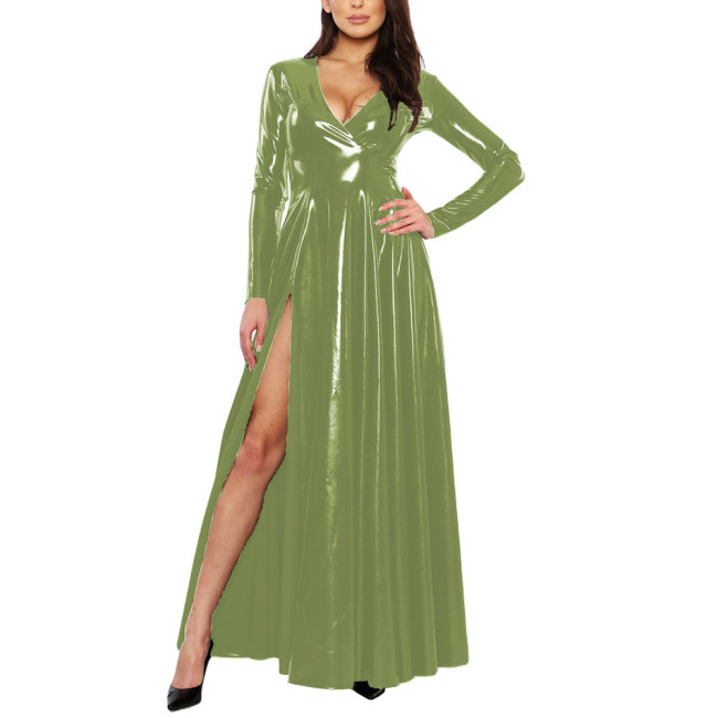 Elegant Women's Side Slit Long Dress Sexy Deep V-long Sleeved Vestido Shiny Patent Latex Uniforms Evening Banquet Venue Gown