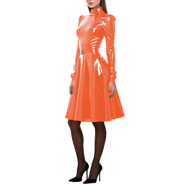 Women Patent Leather A-Line Dress Long Puff Sleeve PVC Leather Costume High Neck Party Long Dress Slim Fit Vestido Female