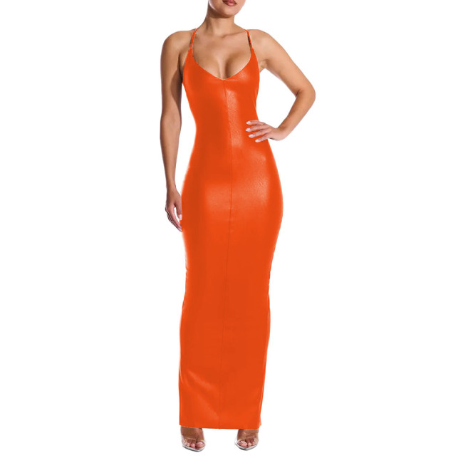 Sexy V-neck PU Leather Skinny Long Dress Women Sleeveless Cross Backless Bodycon Pencil Dress Female Elegant Club Party Vestidos