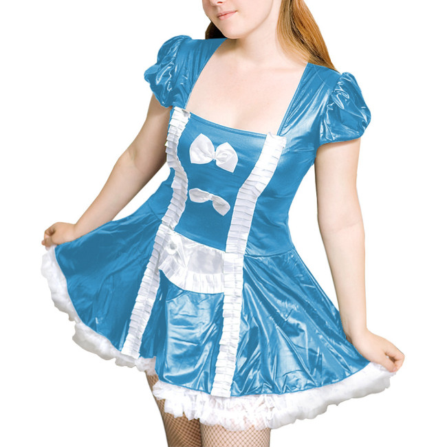 Womens Naughty Square Collar A-line Maid Dress Carnival Themed Party Clubwear Glossy PVC Leather Puff Short Sleeve Apron Dress