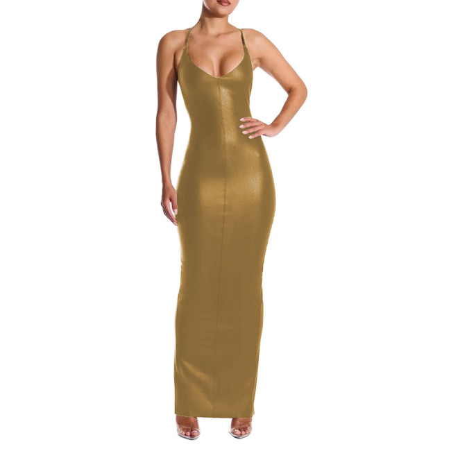 Sexy V-neck PU Leather Skinny Long Dress Women Sleeveless Cross Backless Bodycon Pencil Dress Female Elegant Club Party Vestidos