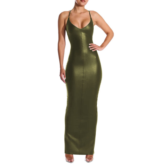 Sexy V-neck PU Leather Skinny Long Dress Women Sleeveless Cross Backless Bodycon Pencil Dress Female Elegant Club Party Vestidos