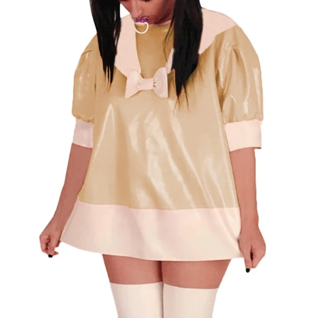 Sissy Sailor Mini Dress PVC Glossy Leather Short Puff Sleeve with Bownot Dress Party Cosplay Costume Sissy Sailor Uniform