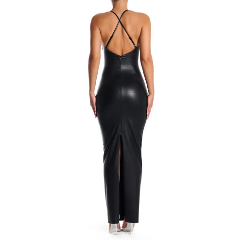 Sexy V-neck PU Leather Skinny Long Dress Women Sleeveless Cross Backless Bodycon Pencil Dress Female Elegant Club Party Vestidos