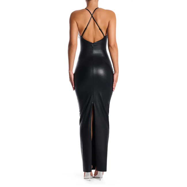 Sexy V-neck PU Leather Skinny Long Dress Women Sleeveless Cross Backless Bodycon Pencil Dress Female Elegant Club Party Vestidos