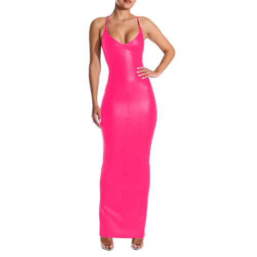 Sexy V-neck PU Leather Skinny Long Dress Women Sleeveless Cross Backless Bodycon Pencil Dress Female Elegant Club Party Vestidos