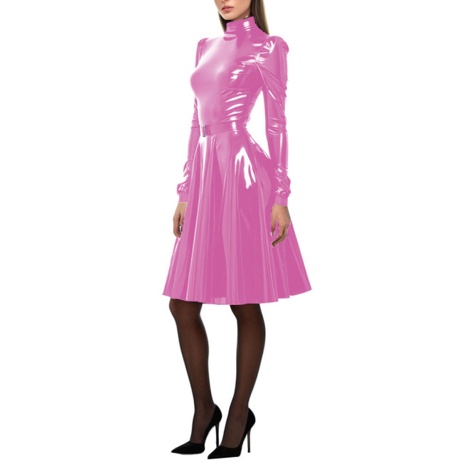 Women Patent Leather A-Line Dress Long Puff Sleeve PVC Leather Costume High Neck Party Long Dress Slim Fit Vestido Female
