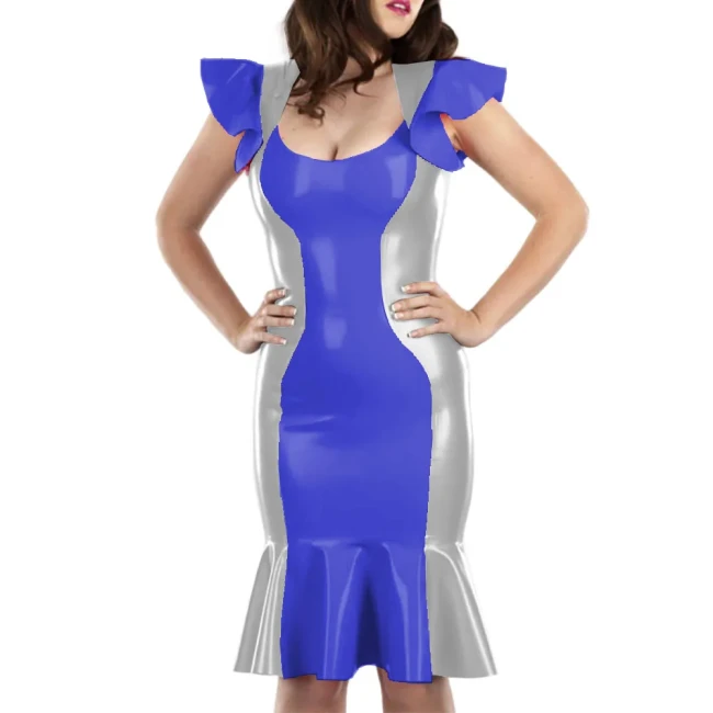Cute Flying Sleeve Ladies' Fishtail Hem Dress Sexy U-neck Patchwork Vestido Shiny Patent Leather Shaping Bag Hip Attire Clubwear