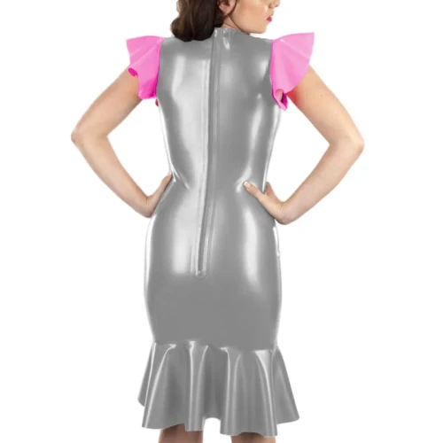 Cute Flying Sleeve Ladies' Fishtail Hem Dress Sexy U-neck Patchwork Vestido Shiny Patent Leather Shaping Bag Hip Attire Clubwear