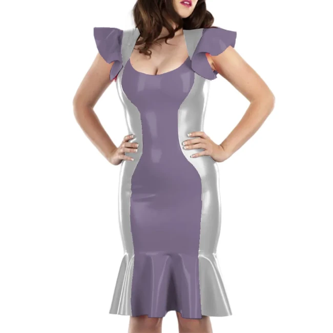 Cute Flying Sleeve Ladies' Fishtail Hem Dress Sexy U-neck Patchwork Vestido Shiny Patent Leather Shaping Bag Hip Attire Clubwear