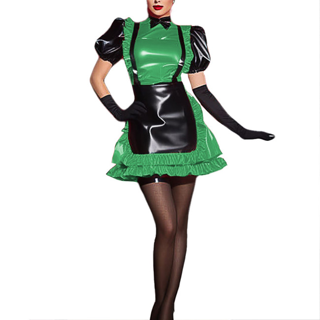French Adult Sexy Cross-dressing Vinyl PVC Leather Sissy Dress Short Puff Sleeve French Maid Costume High Waist Mens Uniform