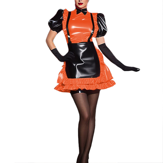 French Adult Sexy Cross-dressing Vinyl PVC Leather Sissy Dress Short Puff Sleeve French Maid Costume High Waist Mens Uniform