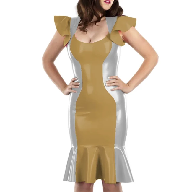 Cute Flying Sleeve Ladies' Fishtail Hem Dress Sexy U-neck Patchwork Vestido Shiny Patent Leather Shaping Bag Hip Attire Clubwear