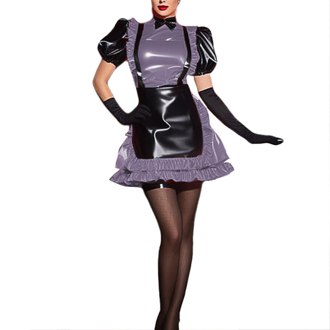 French Adult Sexy Cross-dressing Vinyl PVC Leather Sissy Dress Short Puff Sleeve French Maid Costume High Waist Mens Uniform