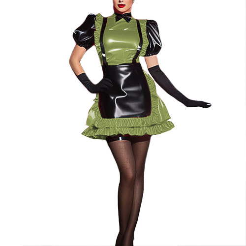 French Adult Sexy Cross-dressing Vinyl PVC Leather Sissy Dress Short Puff Sleeve French Maid Costume High Waist Mens Uniform