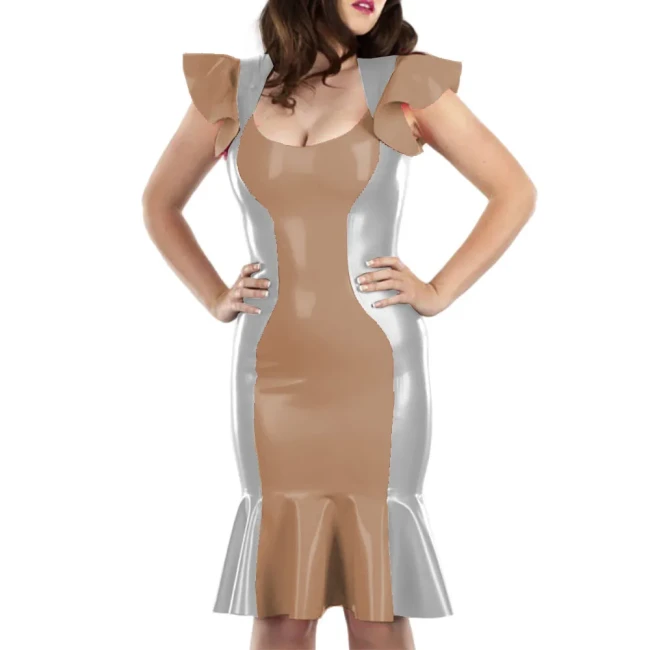 Cute Flying Sleeve Ladies' Fishtail Hem Dress Sexy U-neck Patchwork Vestido Shiny Patent Leather Shaping Bag Hip Attire Clubwear