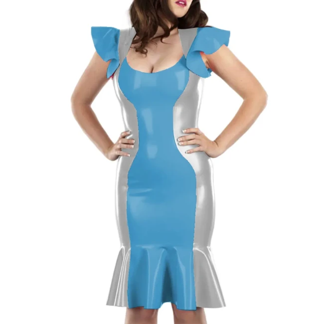 Cute Flying Sleeve Ladies' Fishtail Hem Dress Sexy U-neck Patchwork Vestido Shiny Patent Leather Shaping Bag Hip Attire Clubwear
