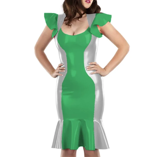 Cute Flying Sleeve Ladies' Fishtail Hem Dress Sexy U-neck Patchwork Vestido Shiny Patent Leather Shaping Bag Hip Attire Clubwear