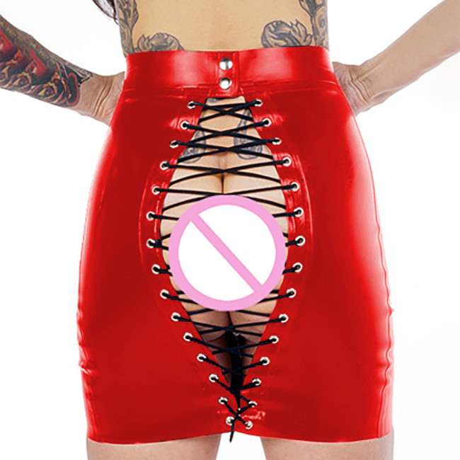 Women Open Ass Mini Skirt Patent Leather Package Open Hip Short Skirts Fetish Open Butt Cosplay Costume Lady Erotic Costumes