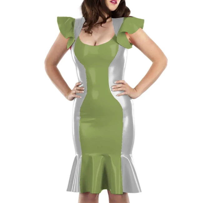 Cute Flying Sleeve Ladies' Fishtail Hem Dress Sexy U-neck Patchwork Vestido Shiny Patent Leather Shaping Bag Hip Attire Clubwear