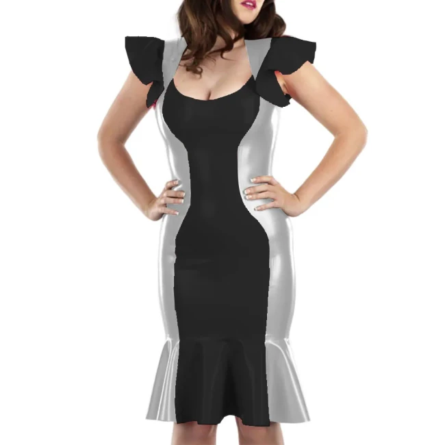 Cute Flying Sleeve Ladies' Fishtail Hem Dress Sexy U-neck Patchwork Vestido Shiny Patent Leather Shaping Bag Hip Attire Clubwear