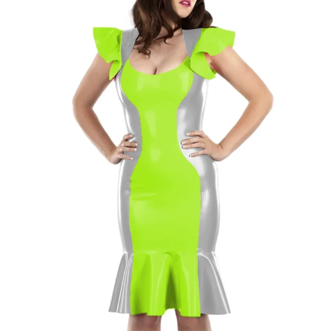 Cute Flying Sleeve Ladies' Fishtail Hem Dress Sexy U-neck Patchwork Vestido Shiny Patent Leather Shaping Bag Hip Attire Clubwear