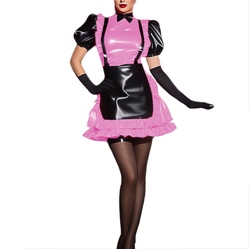 French Adult Sexy Cross-dressing Vinyl PVC Leather Sissy Dress Short Puff Sleeve French Maid Costume High Waist Mens Uniform
