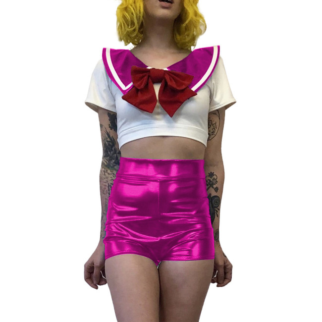 Women Sexy School Girl Costumes Metallic Patent Leather Student Uniform Party Club Outfits Naughty Japanese Student Cosplay 7XL