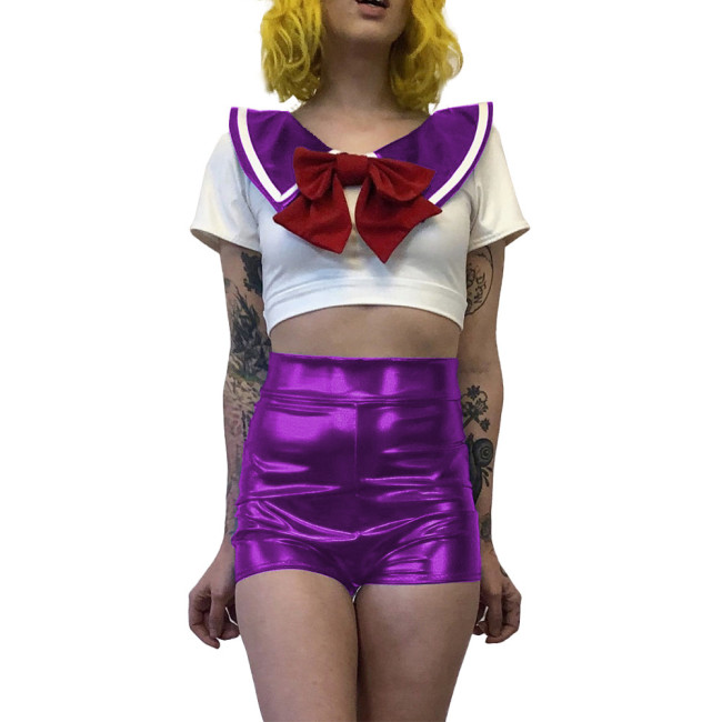 Women Sexy School Girl Costumes Metallic Patent Leather Student Uniform Party Club Outfits Naughty Japanese Student Cosplay 7XL