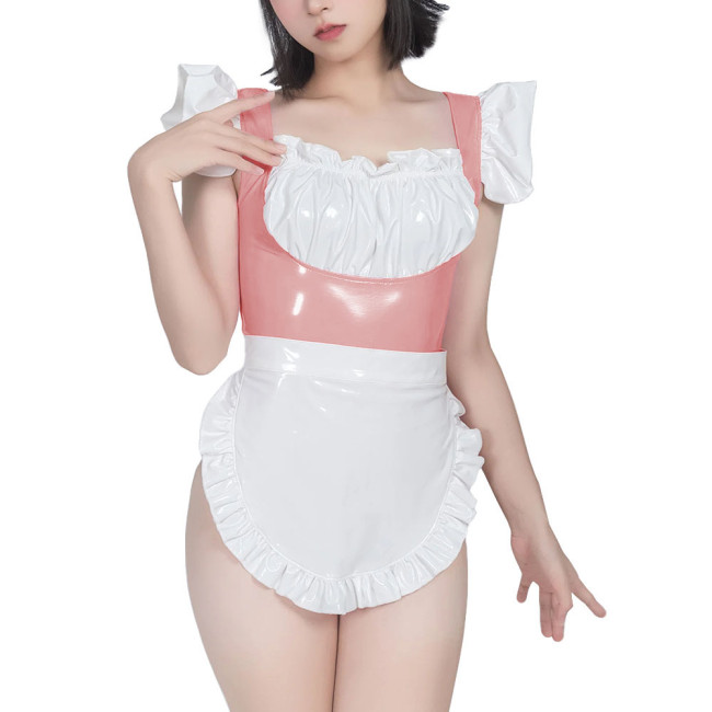 Sweet Maid Uniform with White Lace Up Apron Female Suspender Mini Bodysuit Cafe Workwear Cosplay Zentai Shiny PVC Carnival Suits