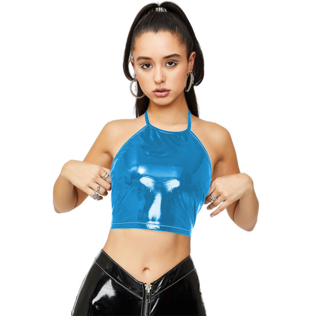 Hot Sexy Shiny PVC Crop Tops Halter Bandage Glossy Leather Camis Tank Fashion Street Clubwear Camisole Punk Zipper Back Tank Top