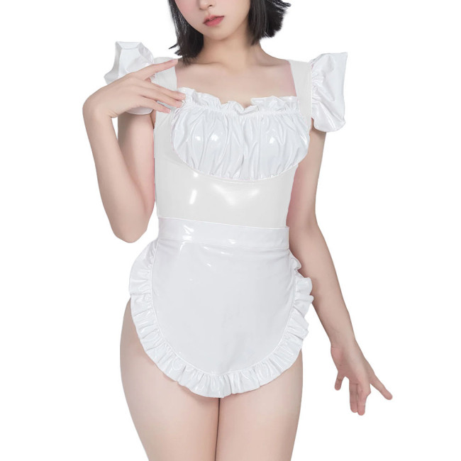 Sweet Maid Uniform with White Lace Up Apron Female Suspender Mini Bodysuit Cafe Workwear Cosplay Zentai Shiny PVC Carnival Suits