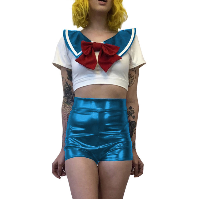 Women Sexy School Girl Costumes Metallic Patent Leather Student Uniform Party Club Outfits Naughty Japanese Student Cosplay 7XL