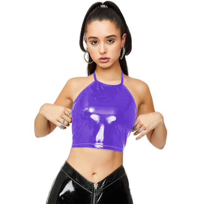 Hot Sexy Shiny PVC Crop Tops Halter Bandage Glossy Leather Camis Tank Fashion Street Clubwear Camisole Punk Zipper Back Tank Top