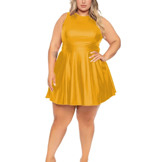 Plus Size Women Mini Dresses  PU Matte Leather Sleeveless A-line Dress Female Casual Fashion Mini Dress Vestir Mujer Sexy Robe