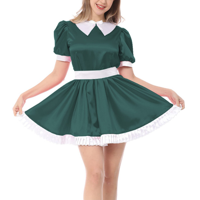 French Adult Sissy Dress Sexy Cross-dressing Girl Pink Satin Lace Dress Shiny Mens Crossdresser Uniform Apron Role Play Costume